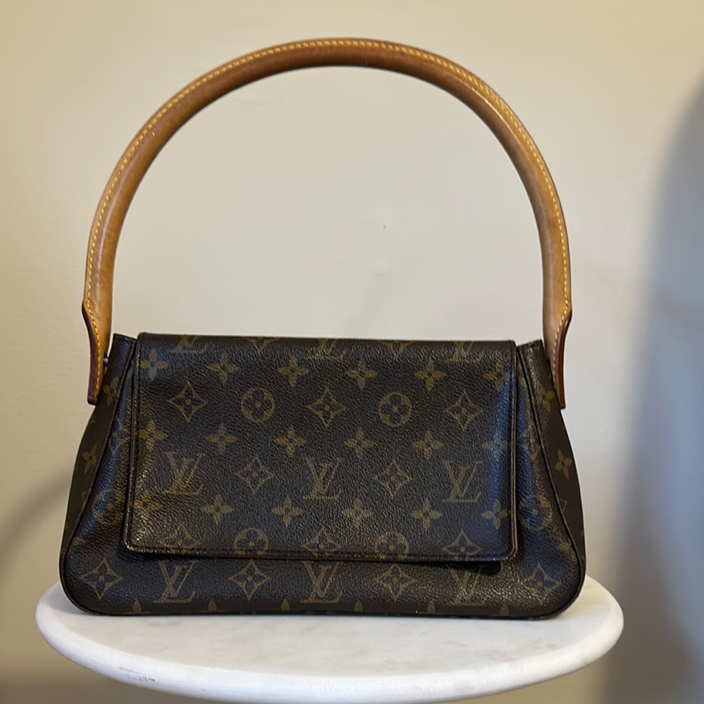 Louis Vuitton Brown Tan Shoulder Bag with Monogram Canvas Mini Looping Bag